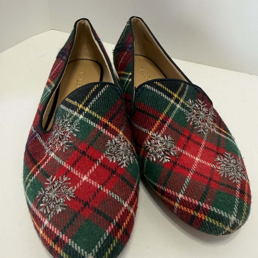 Talbots Red and Green Tartan Plaid With Embroidered Snowflake Loafers, Sz 7.5